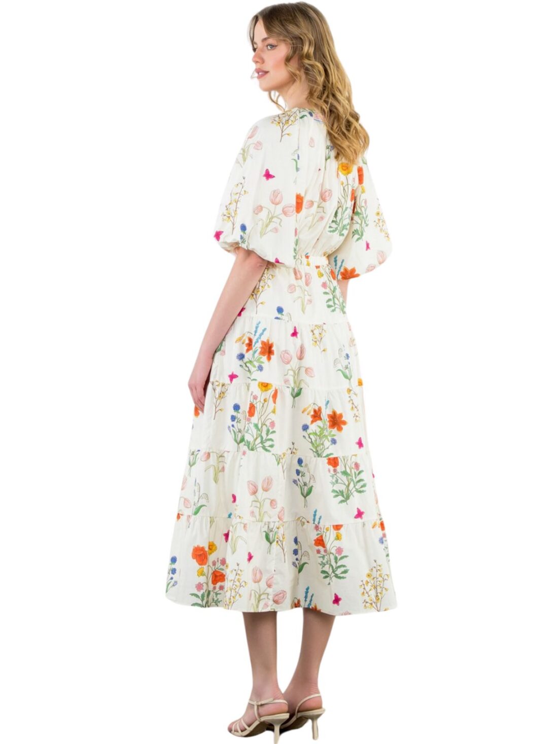 thml maxi puff sleeve flower print dress in white