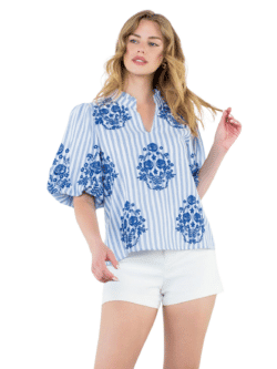 thml puff sleeve striped top with embroidery in blue