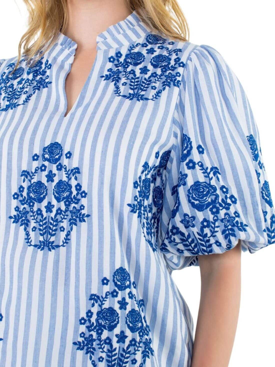 thml puff sleeve striped top with embroidery in blue