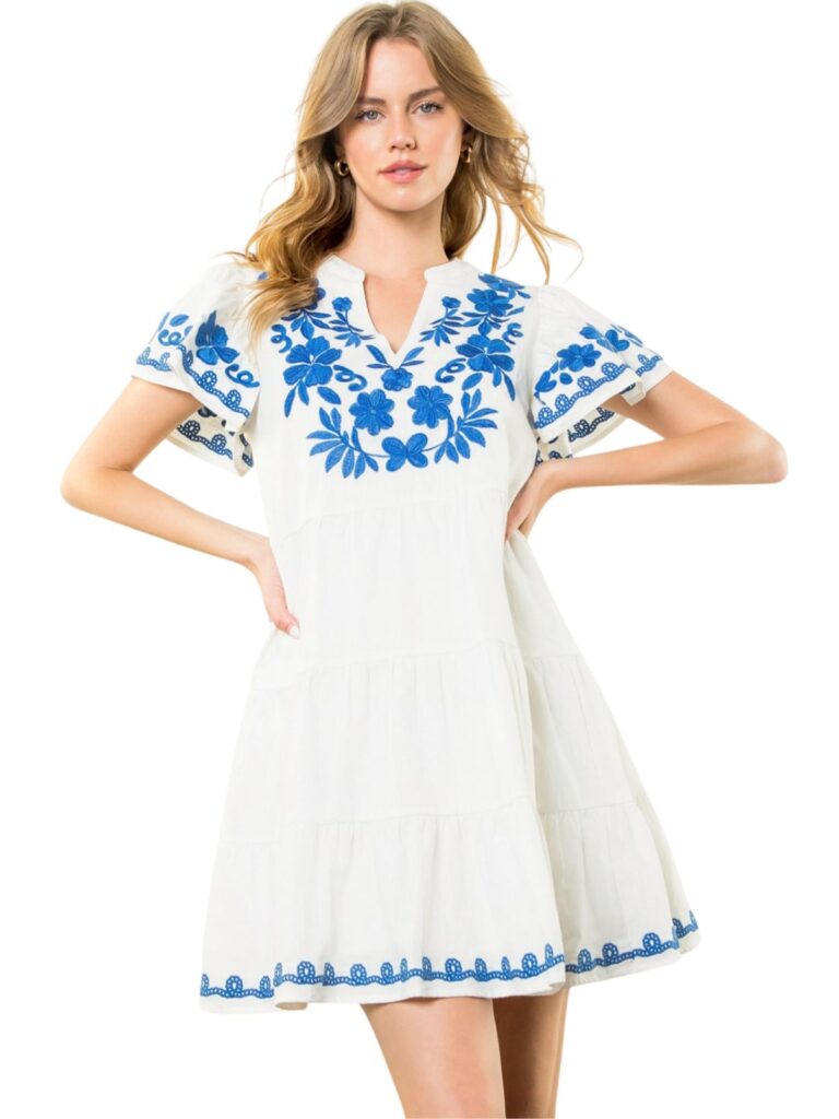 thml tiered embroidered dress in white