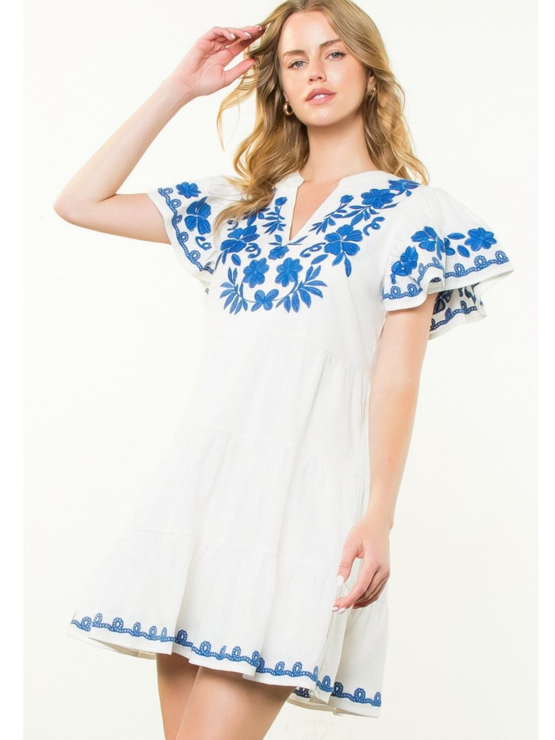 thml tiered embroidered dress in white