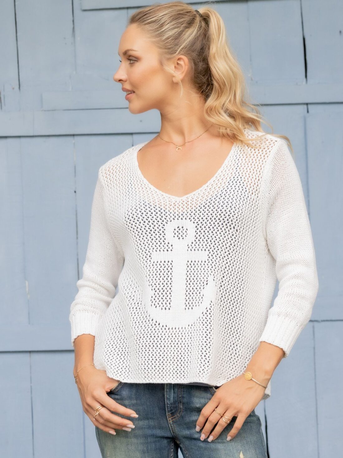 wooden ships crochet anchor 3/4 sleeve v in breaker white cotton