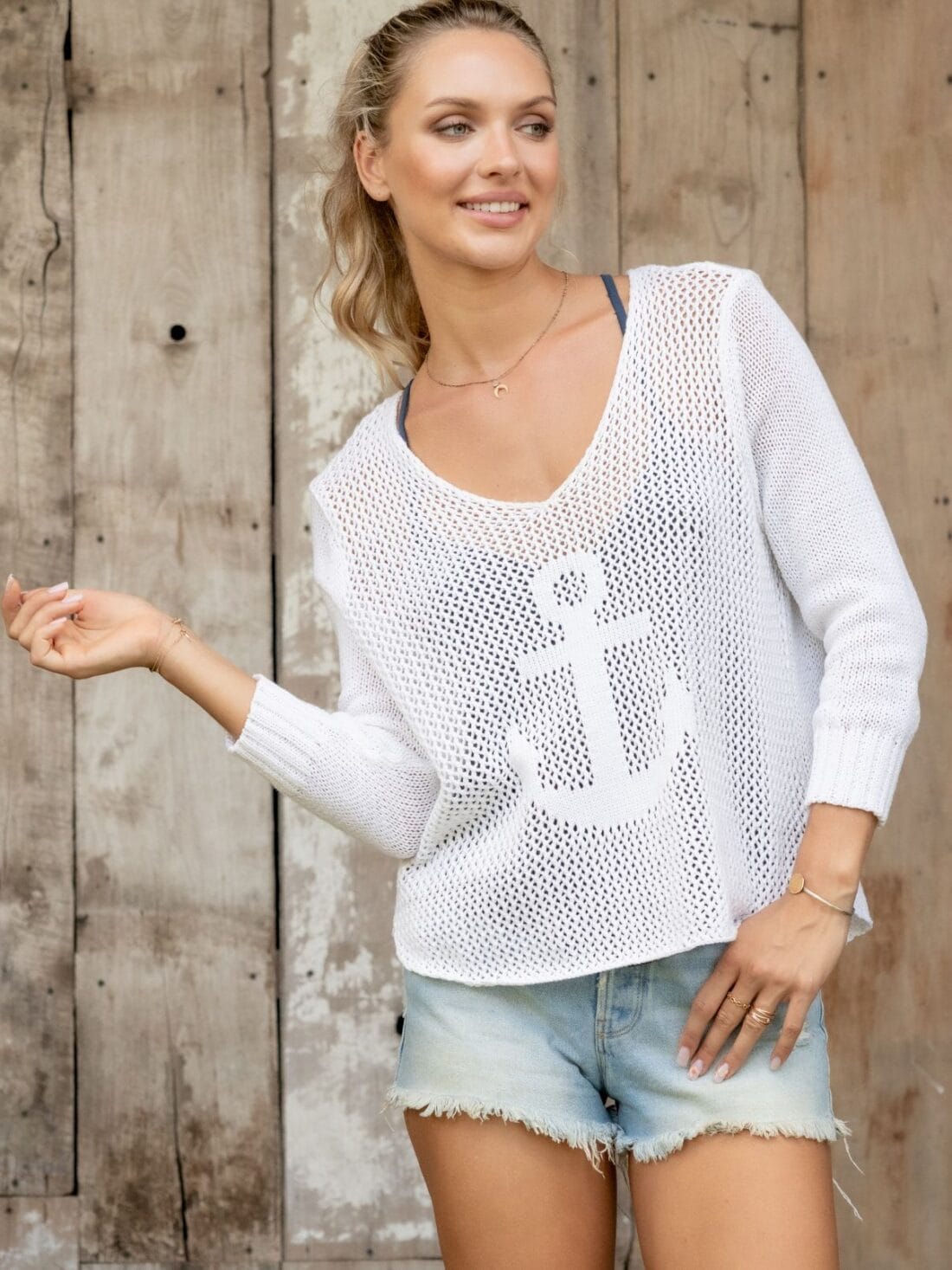 wooden ships crochet anchor 3/4 sleeve v in breaker white cotton