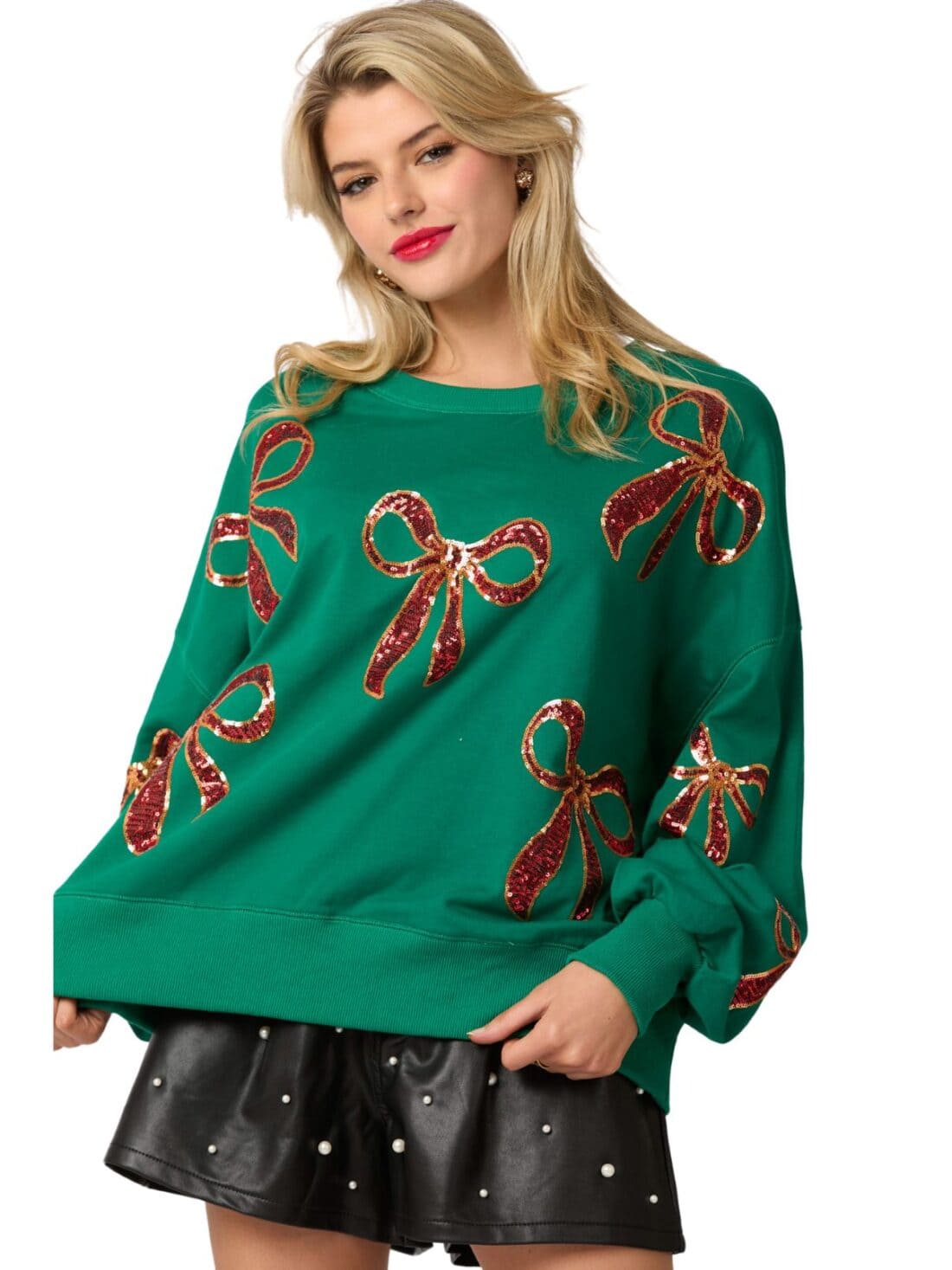 xmas sequin bow sweatshirt in green