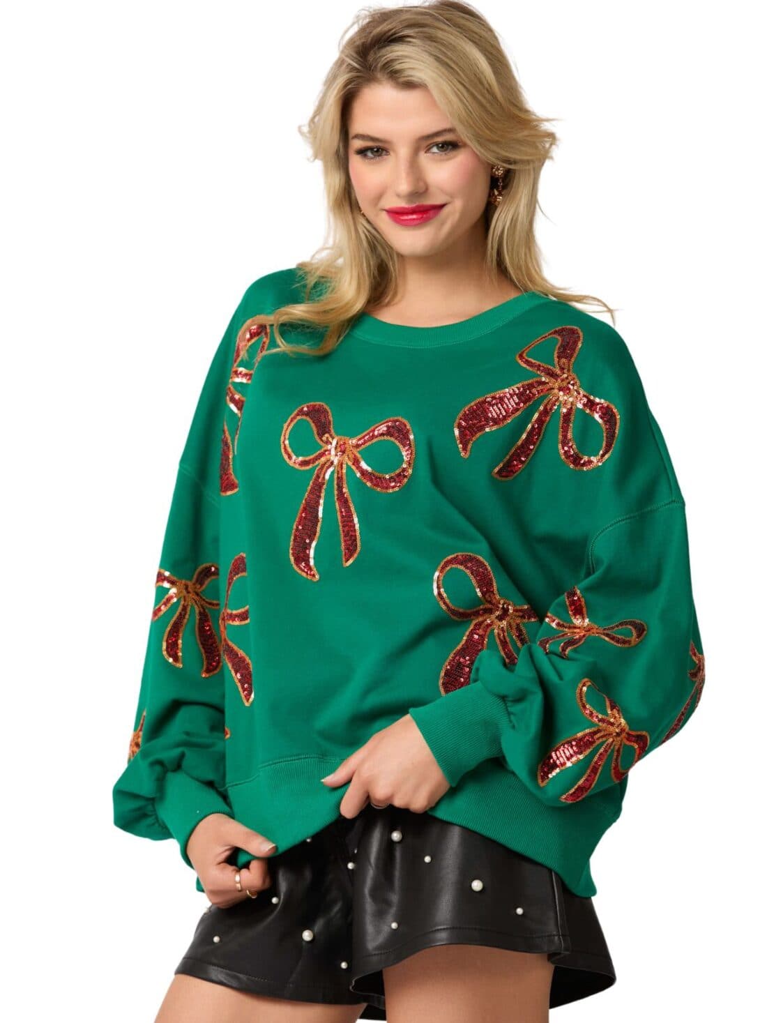 xmas sequin bow sweatshirt in green