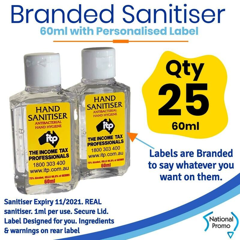 Qty of 25 x 60ml Hand Sanitiser with Personalised Labels