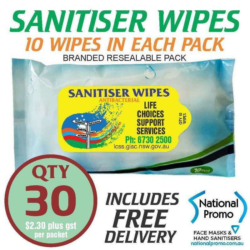 Qty 30 x 10 PACK of 75% ALCOHOL SANITISER WIPES - PERSONALISED LABEL