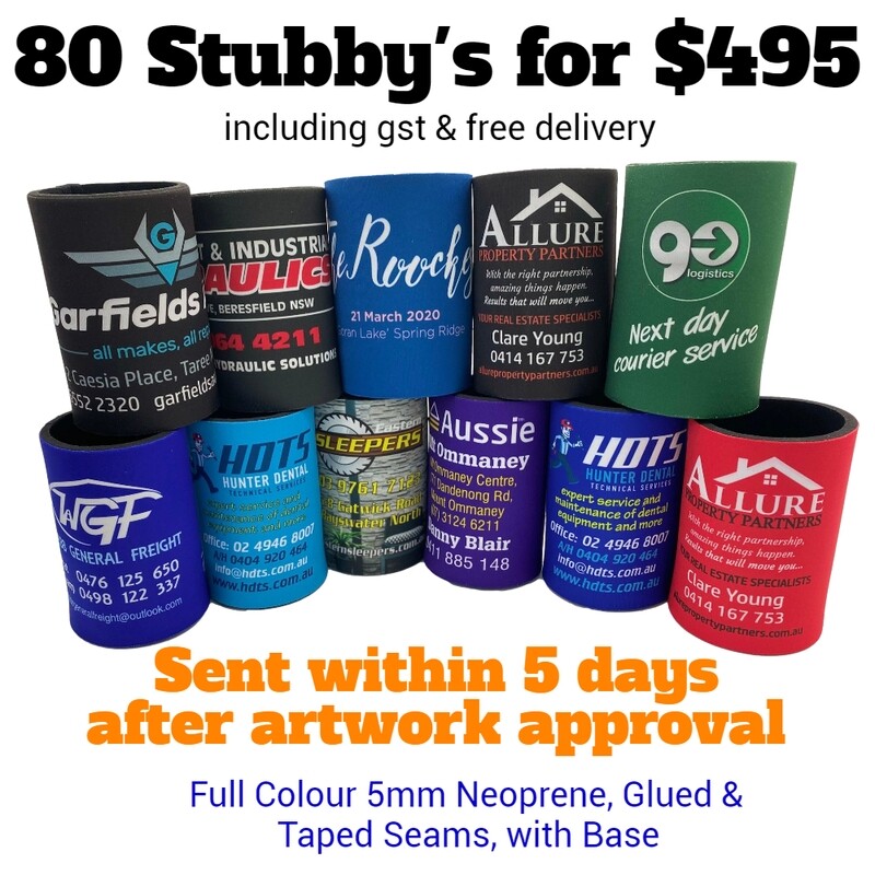 Full Colour Stubby Coolers - 80 Stubby's with base for $495