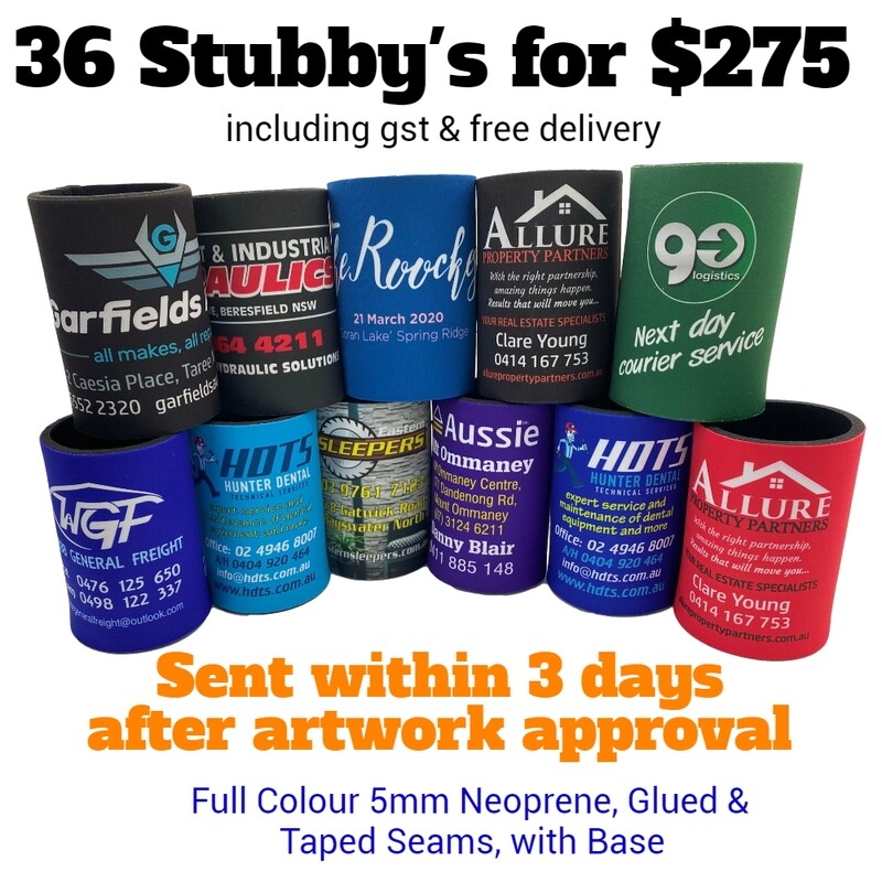 Full Colour Stubby Coolers - 36 Stubby's for $275