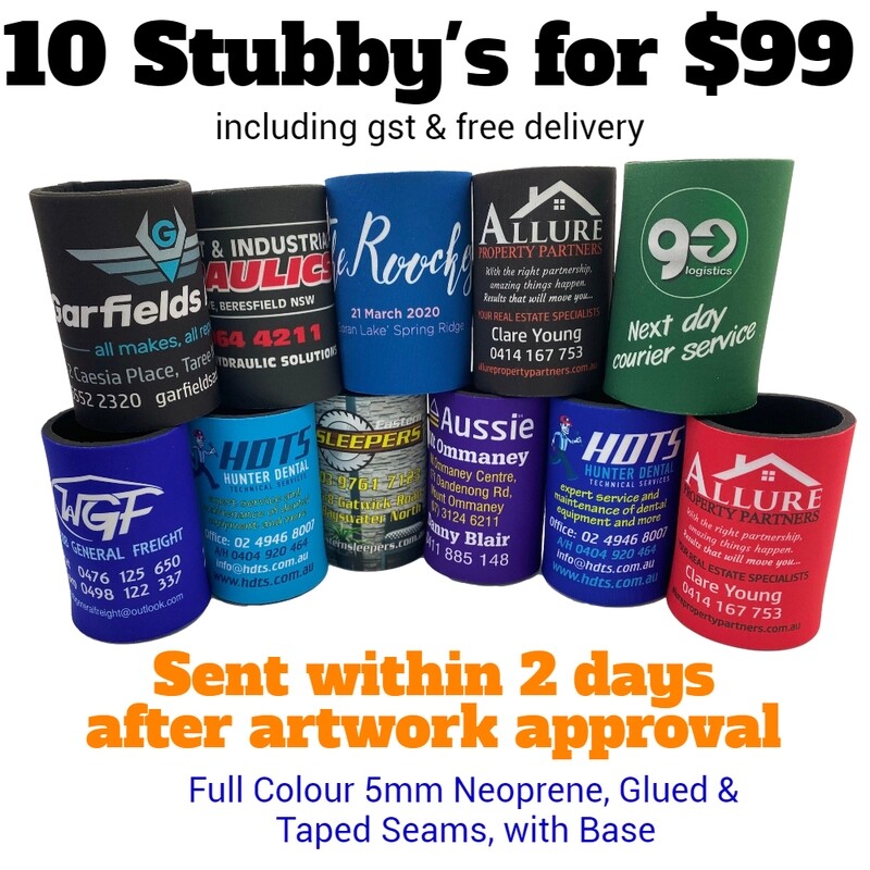 Full Colour Stubby Coolers with base - 10 for $99