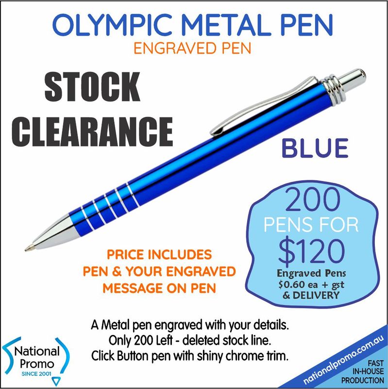 200 x OLYMPIC ROYAL BLUE ENGRAVED PENS  <CLEARANCE>