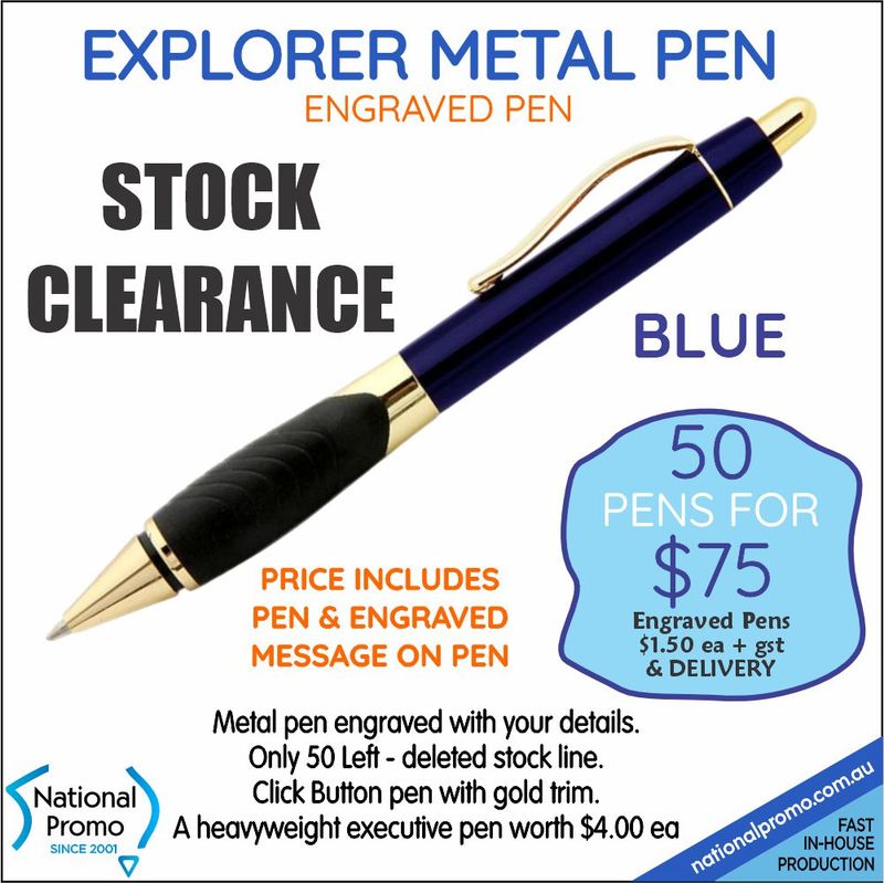 50 x EXPLORER BLUE ENGRAVED PENS  <CLEARANCE>