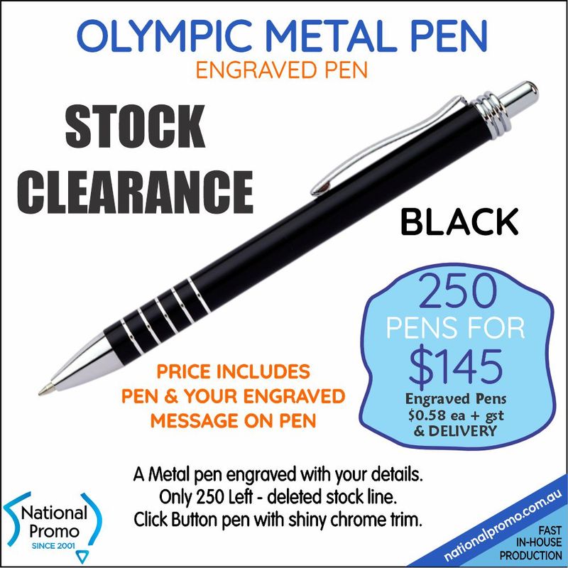 250 x OLYMPIC BLACK ENGRAVED METAL PENS  <CLEARANCE>