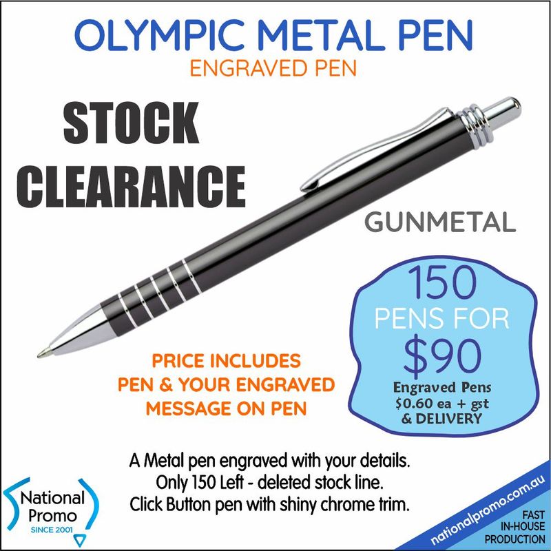 150 x OLYMPIC ENGRAVED GUNMETAL PENS  <CLEARANCE>