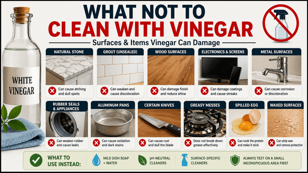 what not to clean with vinegar infographic showing surfaces vinegar can damage