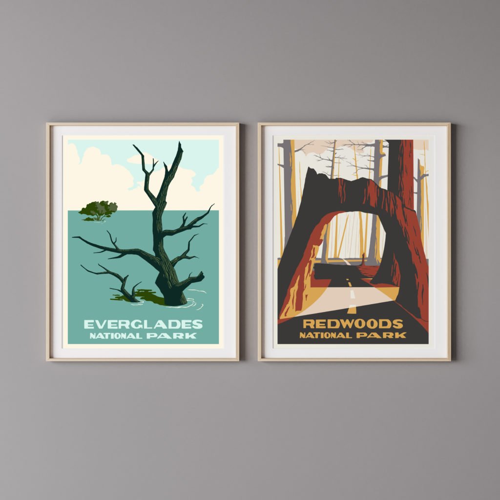 everglades national park and redwoods national park poster with wooden frame on a gray wall