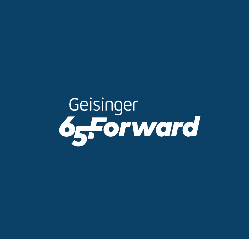 geisinger 65 forward white logo on dark blue background