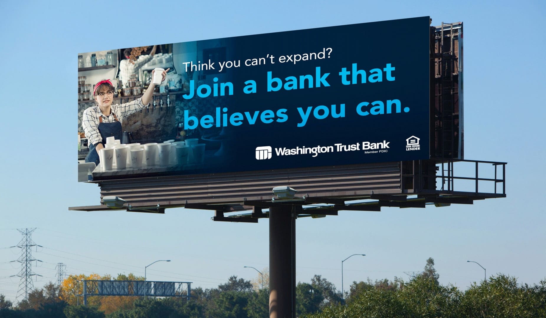 blue billboard with blue sky background washington trust bank