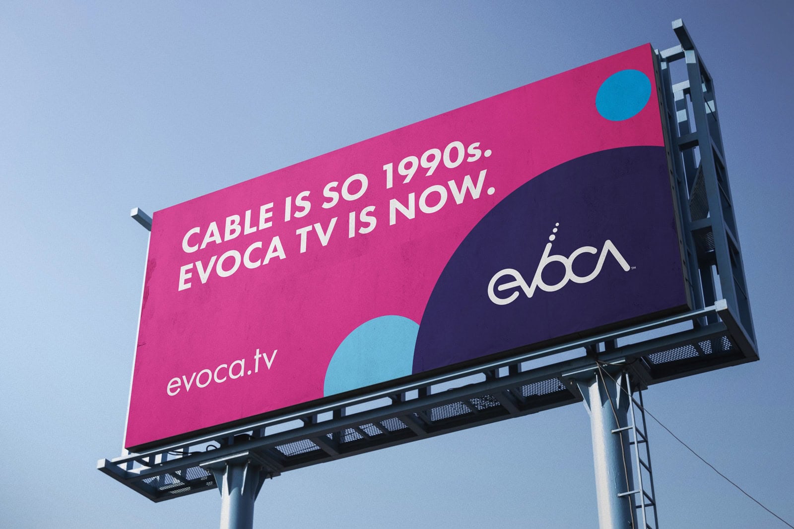 pink Evoca billboard with white headline