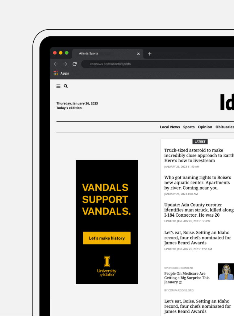 Black digital display ad on the Idaho Statesman website that reads 'Vandals support vandals' in gold text on a black background with the University of Idaho logo below the text