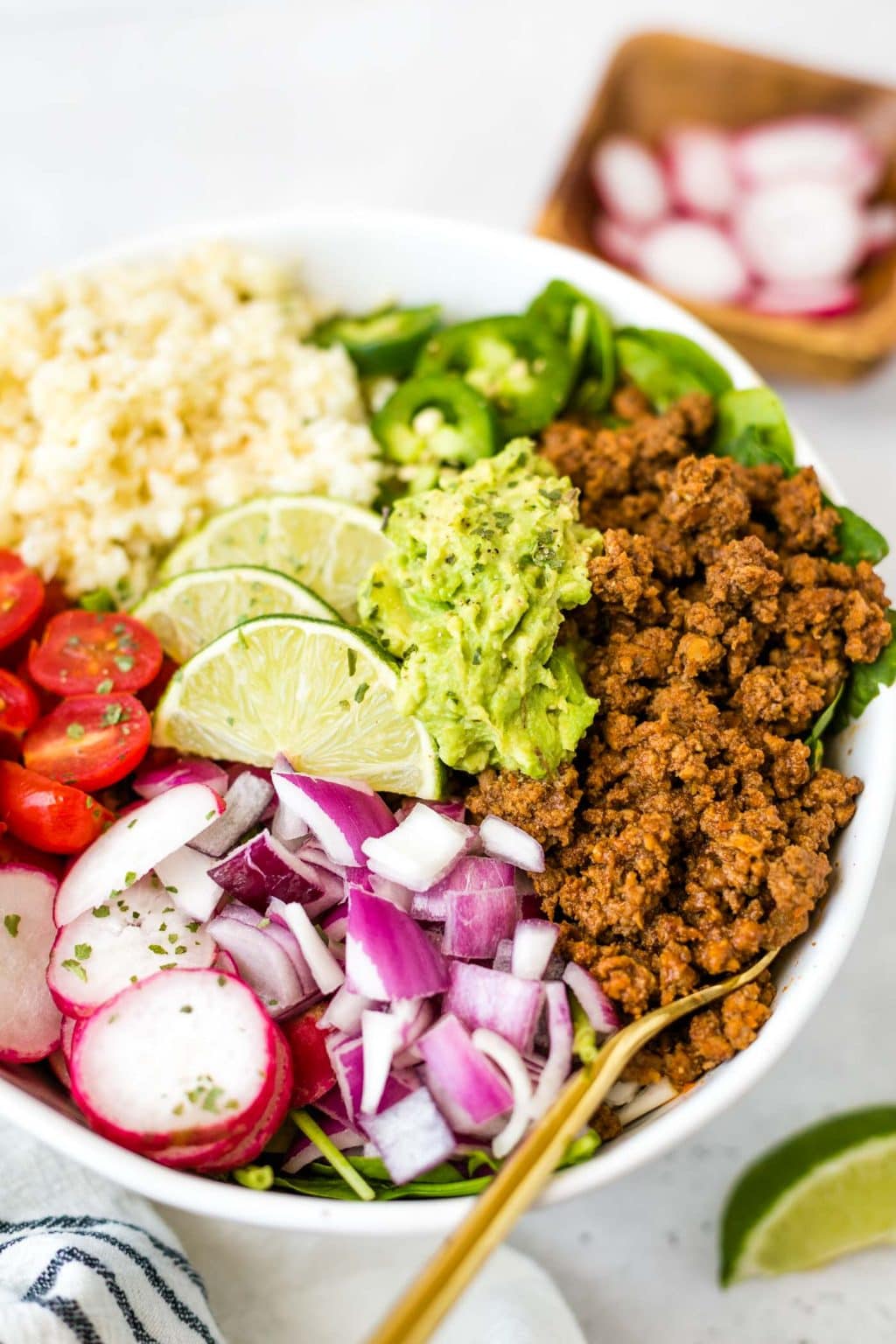 Ground Beef Taco Bowls with Cauliflower Rice (Whole30, Paleo, Keto