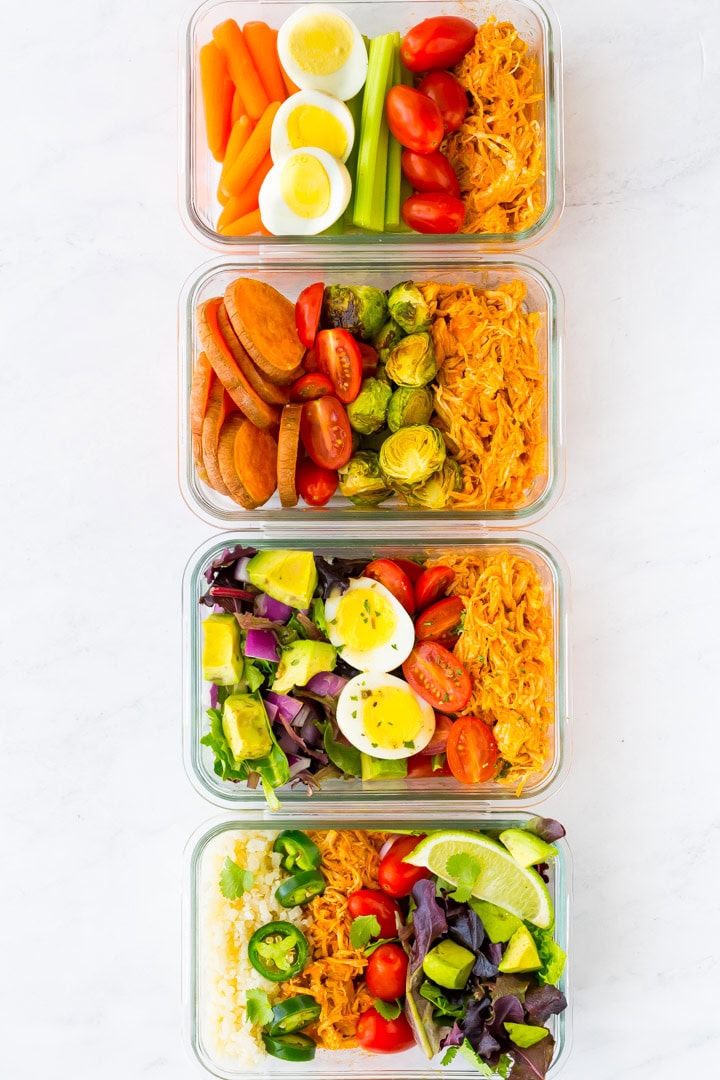 Four different buffalo chicken meal prep dishes