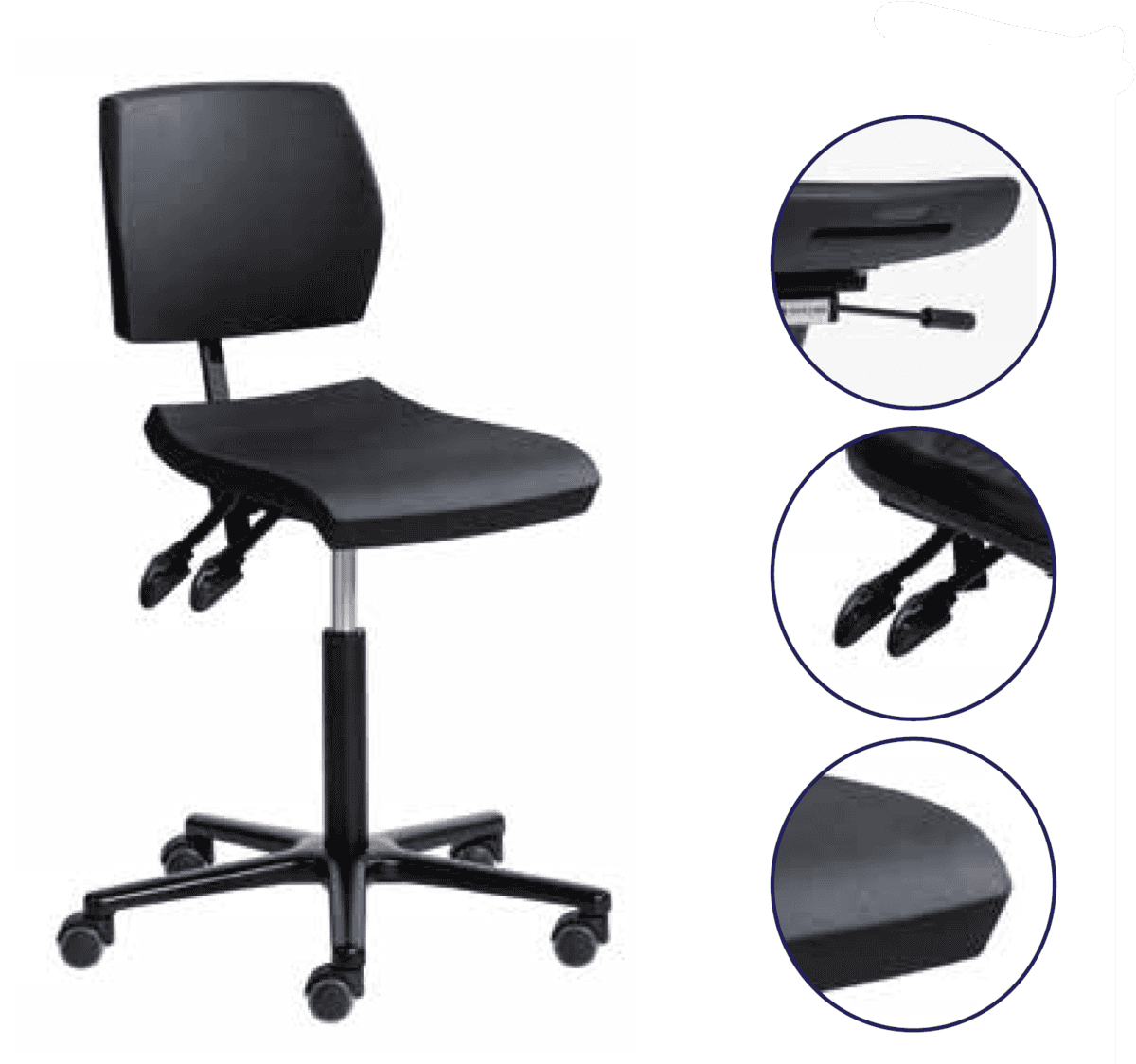 ERGOSLIM Asynchrone 3 manettes Polyuréthane 130 Roulettes Alu 610 39/60cm +régl.prof. Assise