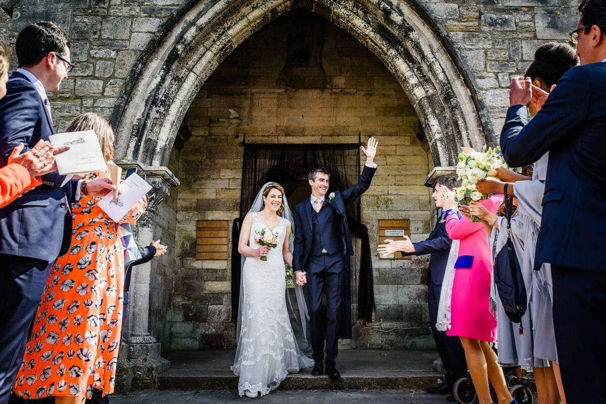 Bride and groom at St Edwards Church in Corfe