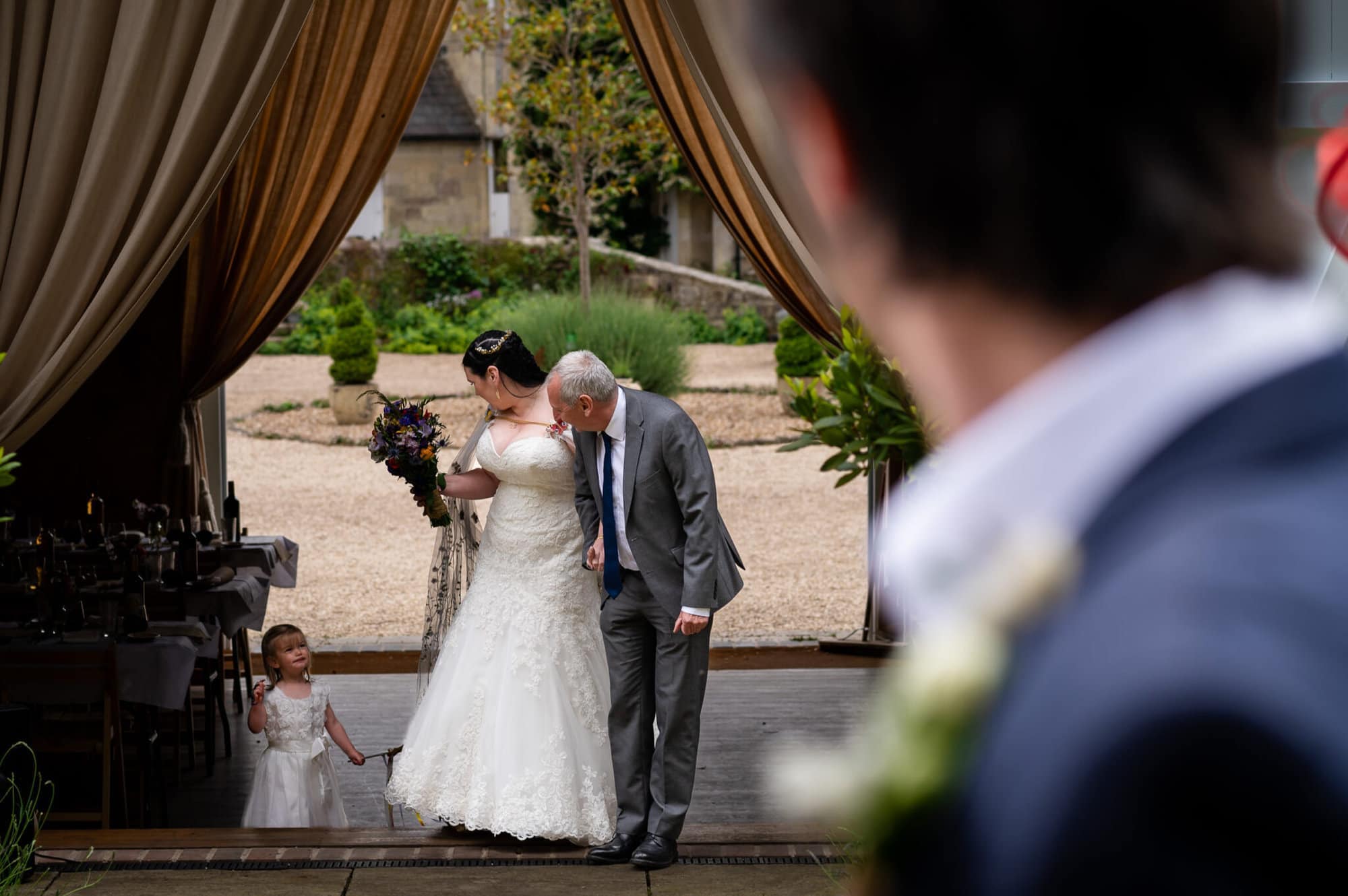 Bride arrives with dad and daughter Ashley Wood Farm wedding