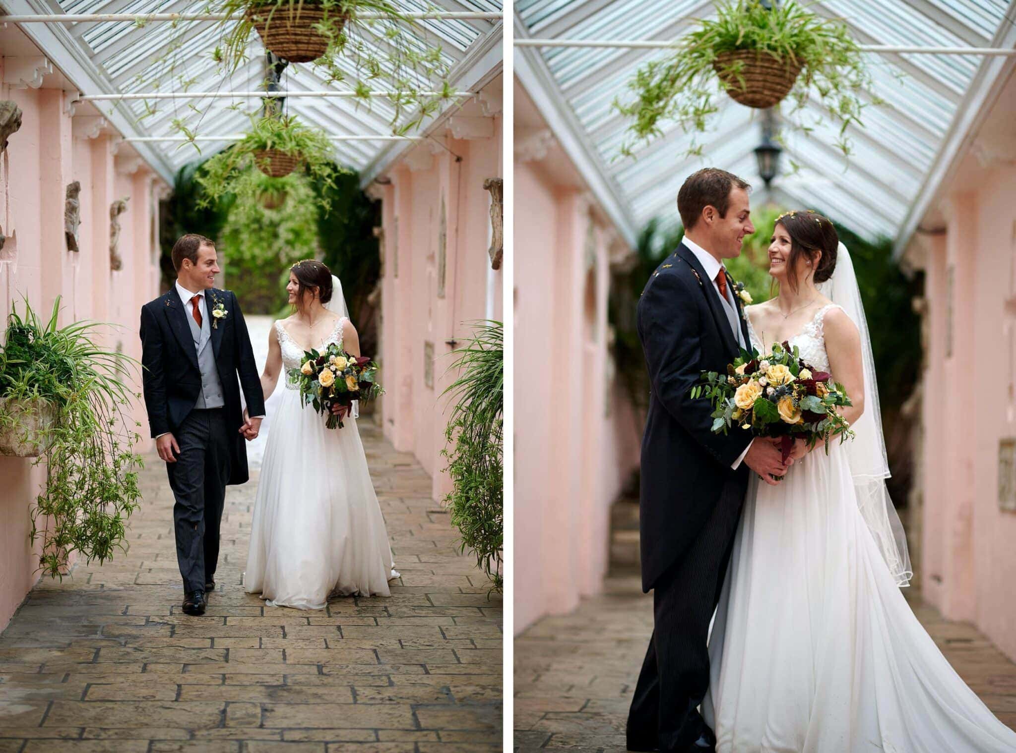 Bride and groom walk through Brownsea Island castle entrance