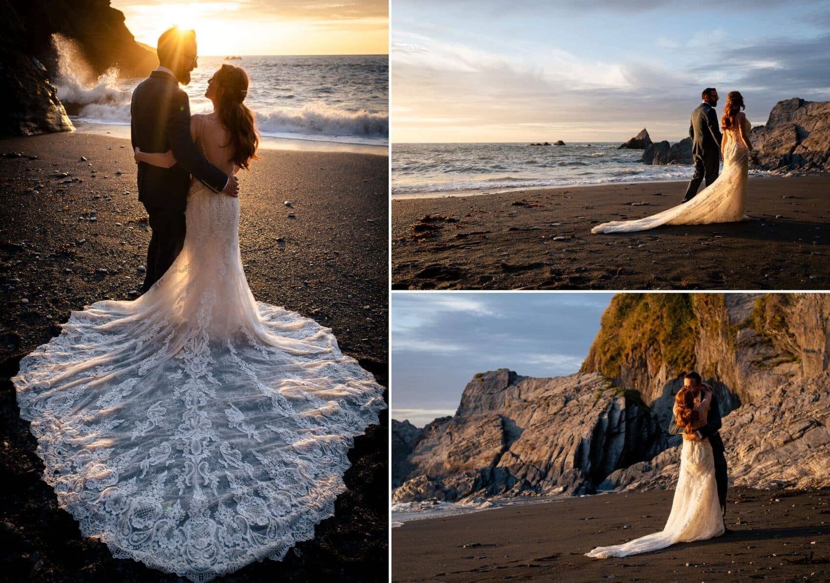 Beautiful mermaid style wedding dress on the beech at Tunnels Beaches Wedding venue