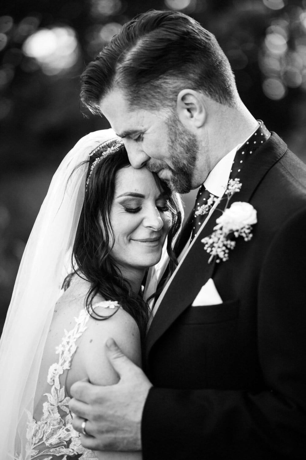 Black and white photo of bride and groom at Abbots Court in Dorset