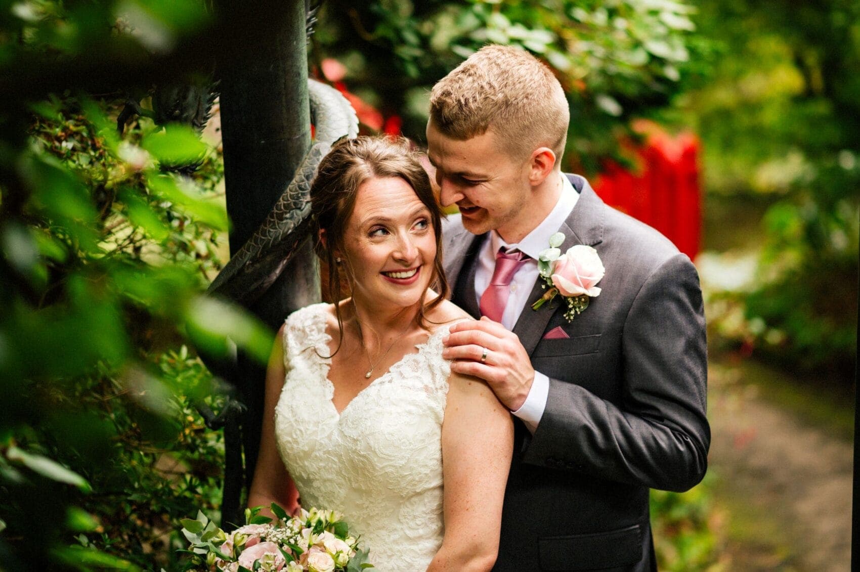 Bride and groom in the Japanese Garden at The Italian Villa in Poole