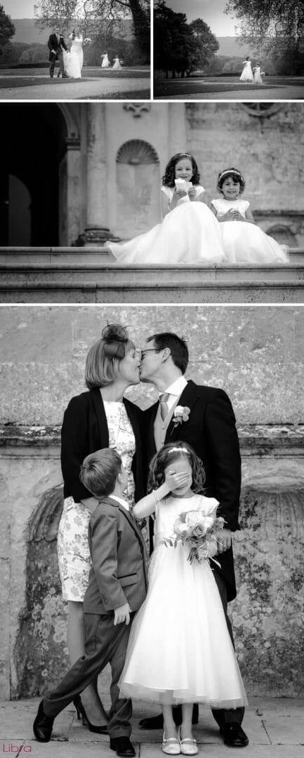 cute flowergirls on steps of Lulworth Castle