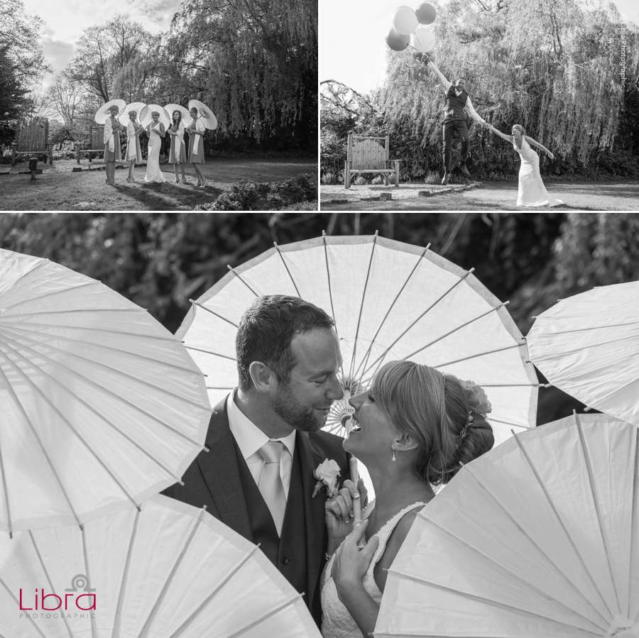 Groom flaots away with balloons