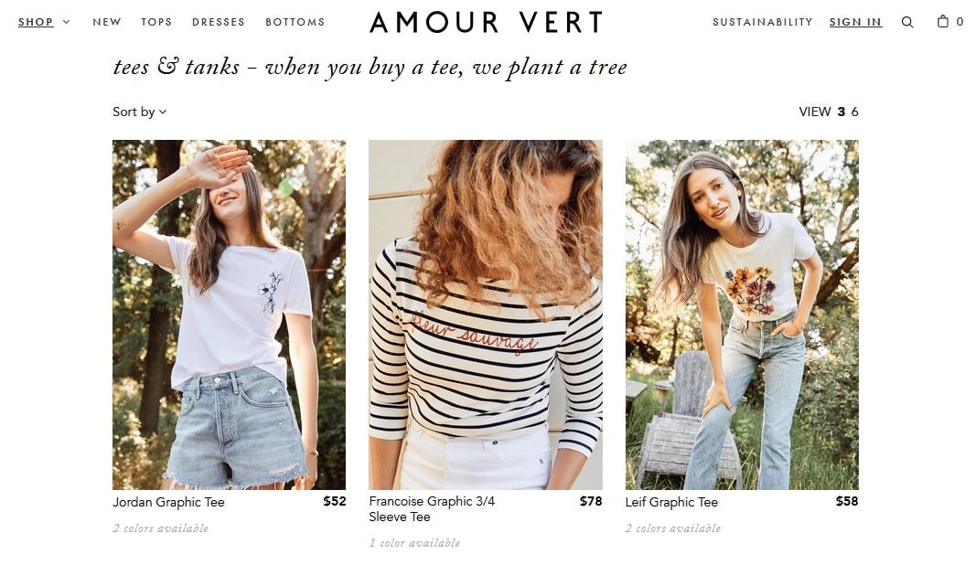 Amour Vert website - you buy a tee, we plant a tree,