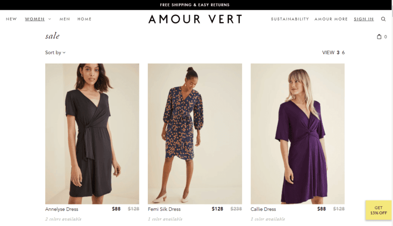 Amour Vert slow fashion brand home page