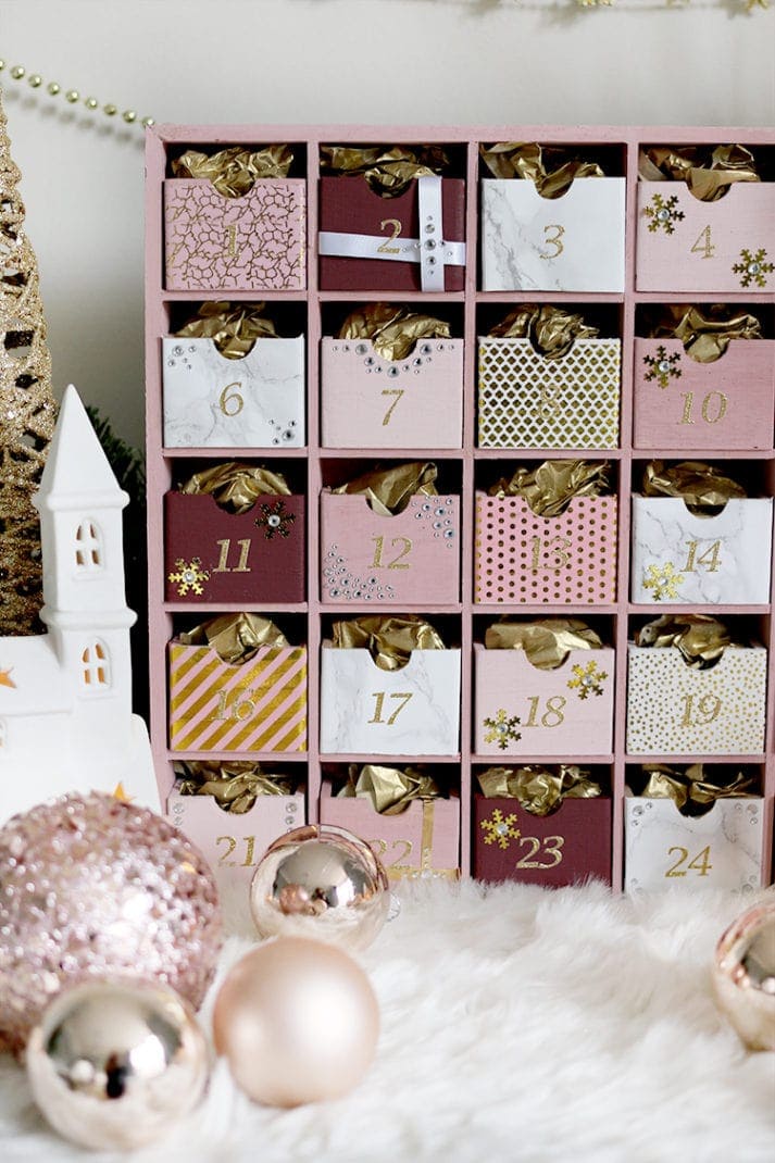 pink and gold reusable advent calendar made from small shelf