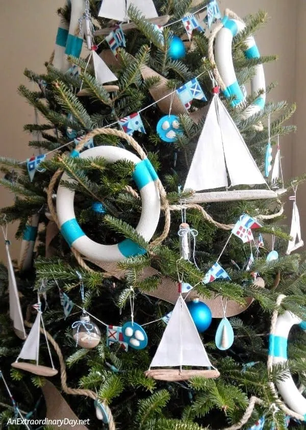 DIY sailboat ornaments on coastal Christmas tree