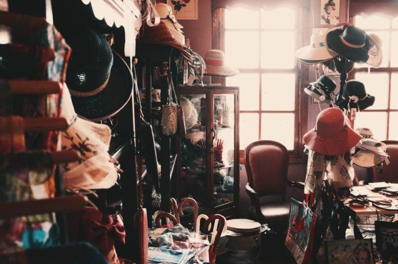 clothes and hats in secondhand store