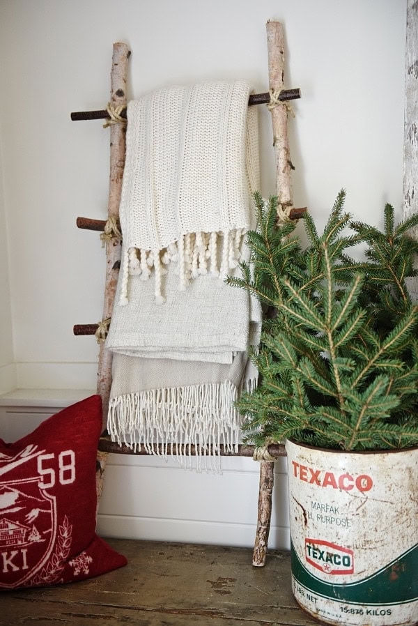 blanket ladder made from birch logs