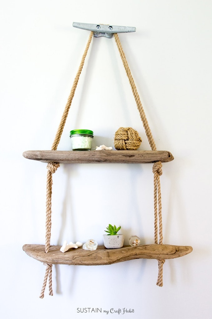 DIY driftwood rope shelf