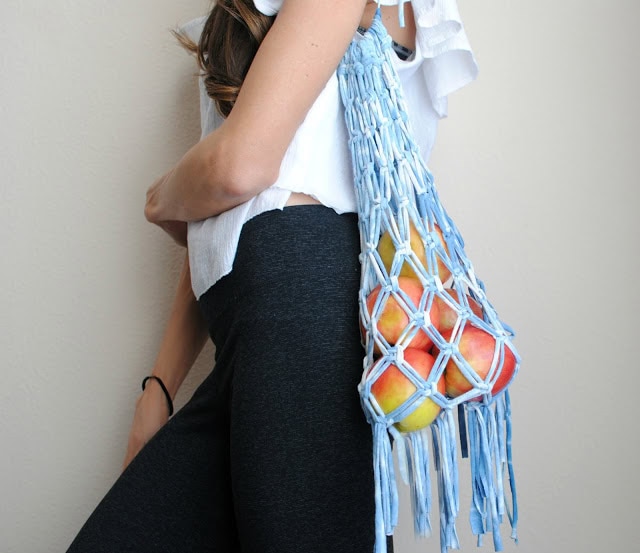 T-shirt macramé produce bag from repurposed shirts