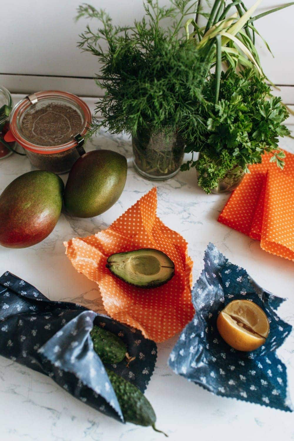 fruit with beeswax wrap for zero-waste kitchen storage