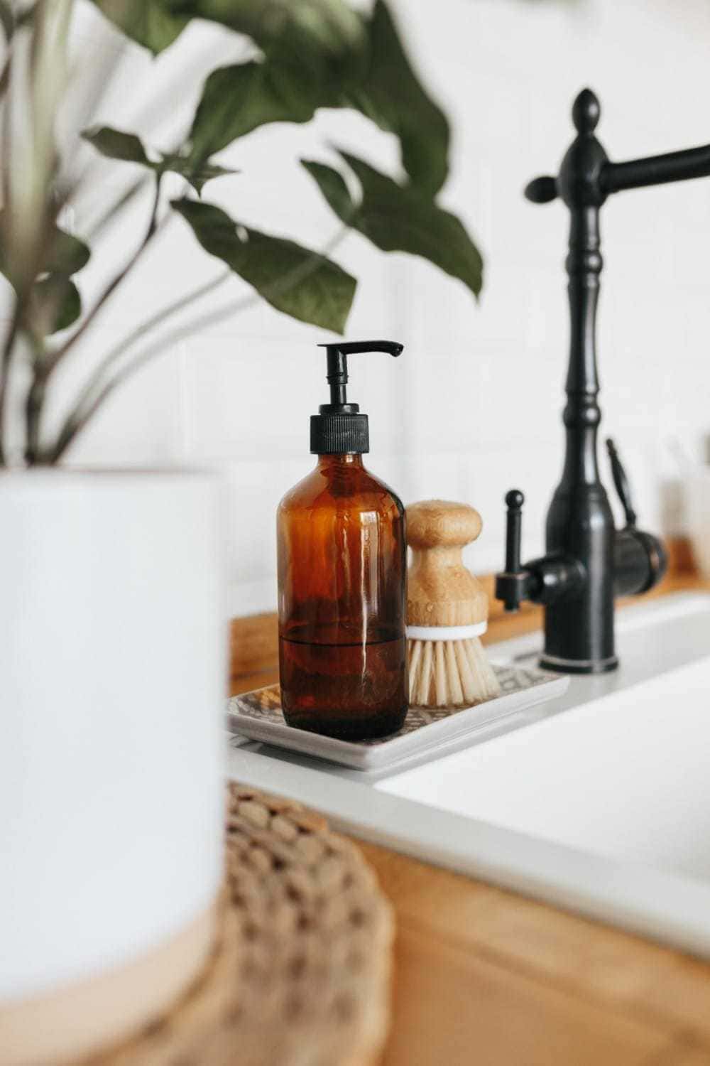 kitchen sink soap dispenser with zero-waste bamboo brush