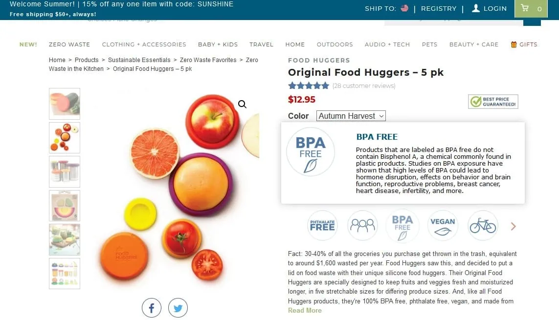 conscious brand earthhero food huggers product page with information