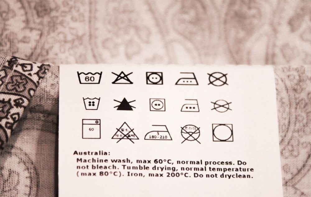 clothing tag showing washing instructions