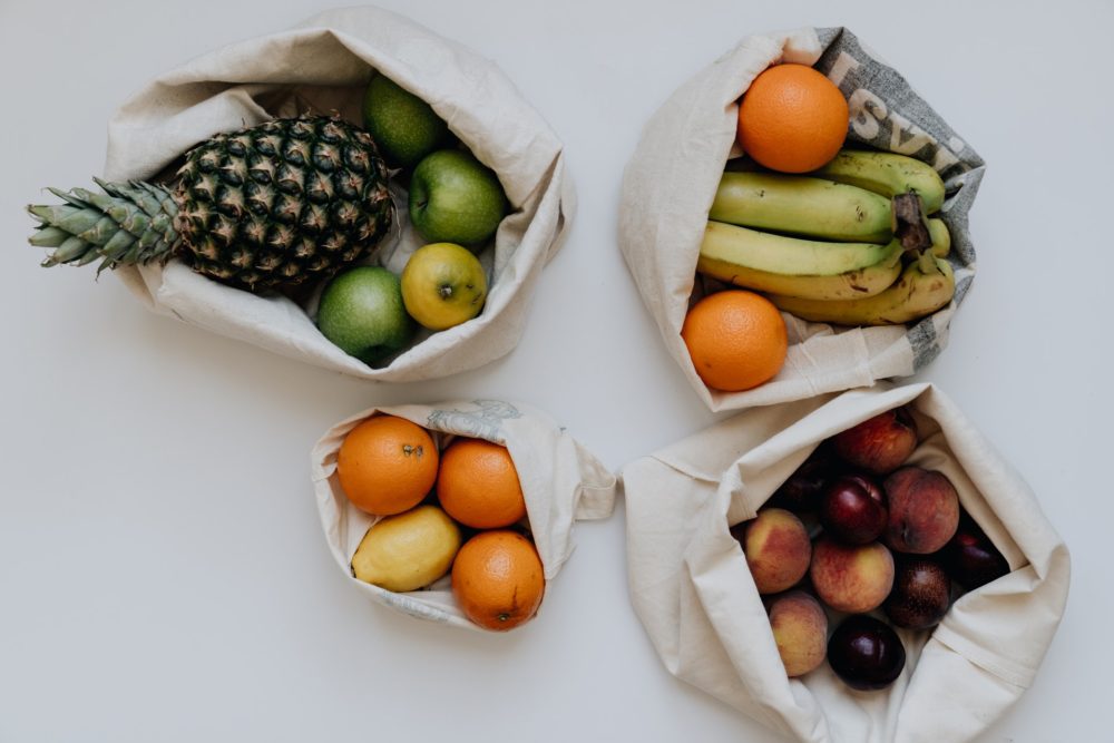 fruit in reusable cotton bags