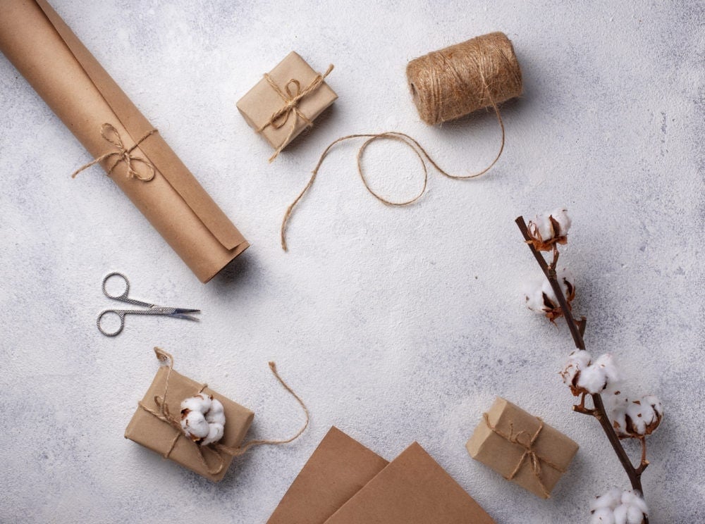 brown paper, twine and cotton flatlay