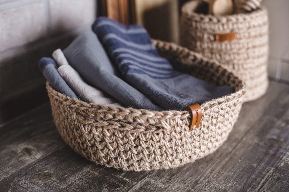 basket with reusable unpaper towels in kitchen